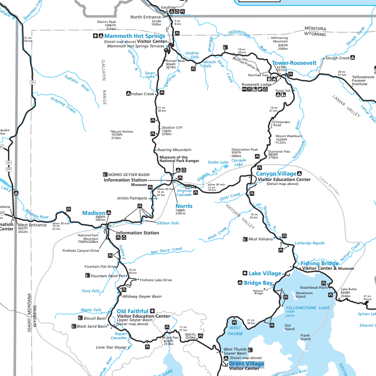 A park map of Yellowstone National Park